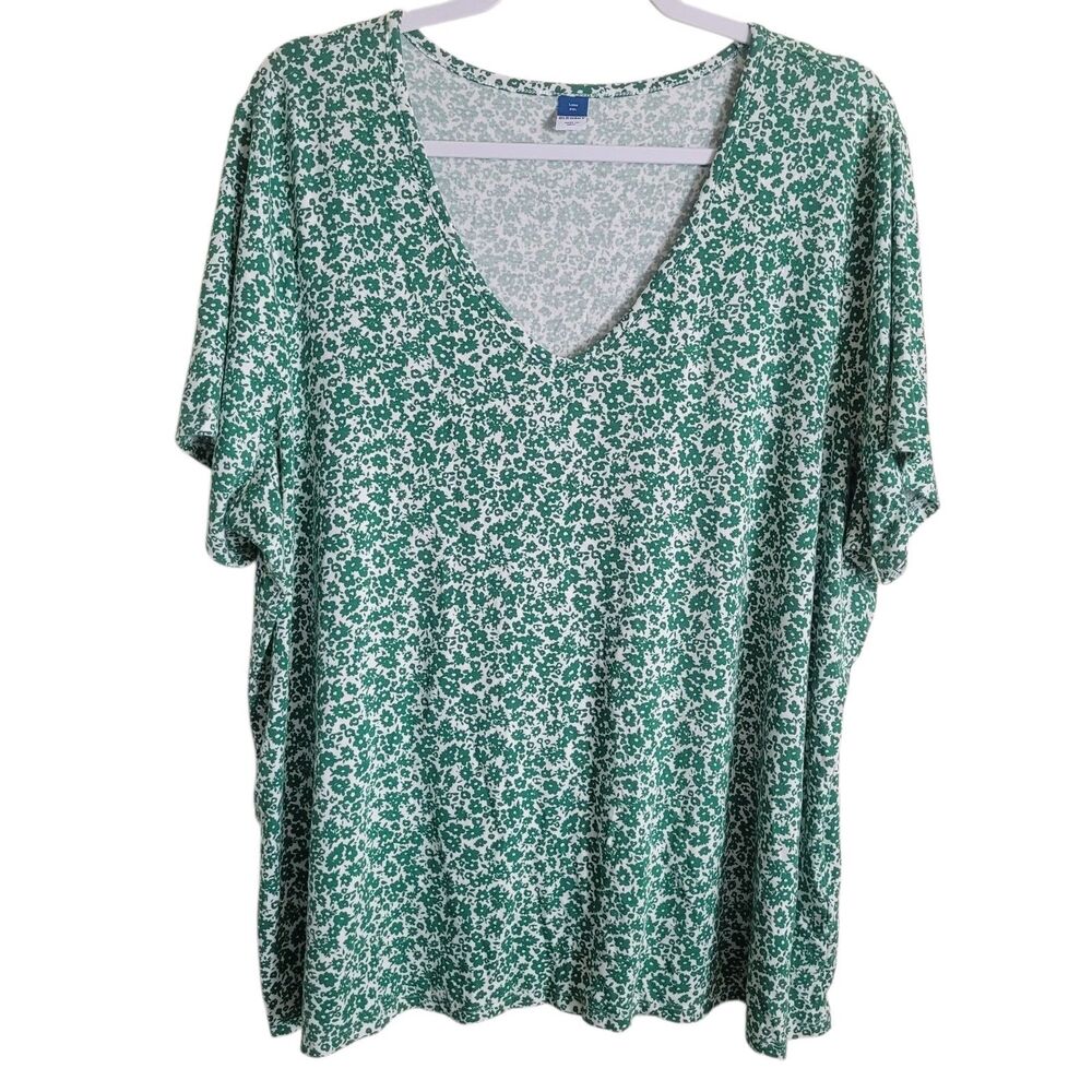 Old Navy Ditzy Floral Rayon Tee Shirt Women's Size XXL Green White Boho Dainty